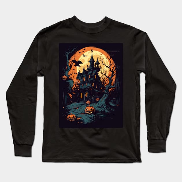 haunted house with halloween pumpkins Long Sleeve T-Shirt by Maverick Media